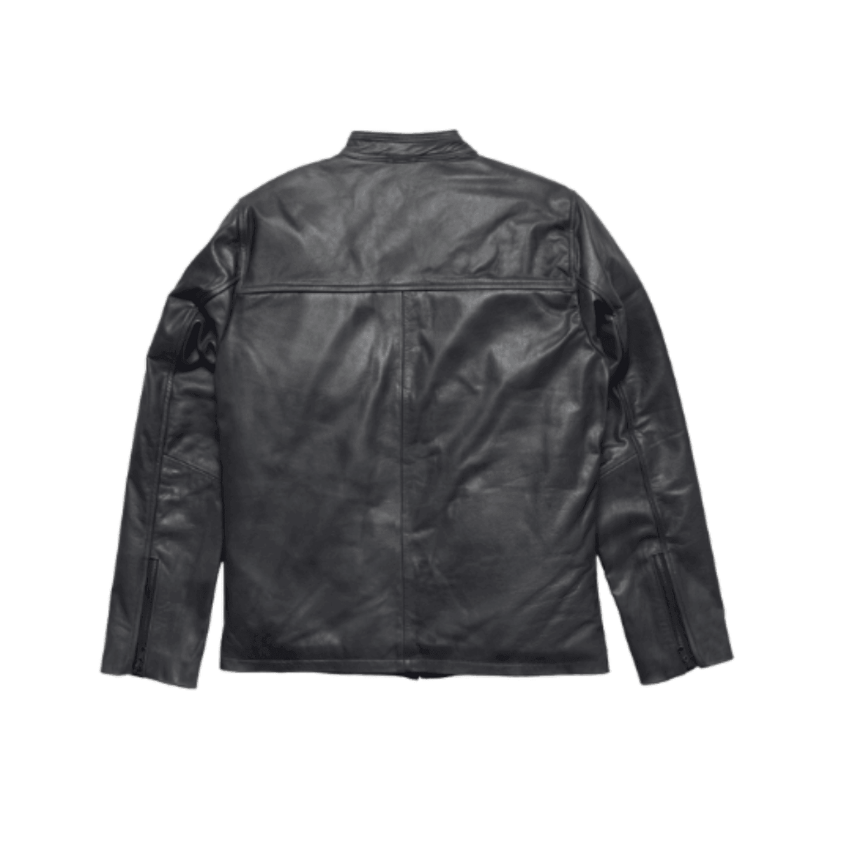 Black leather motorcycle jacket back view with zippered sleeves and classic fit