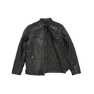 Black leather motorcycle jacket with quilted lining and zip pockets, stylish men's outerwear