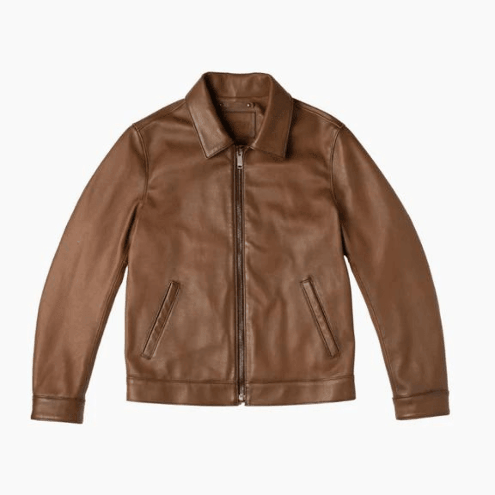 Brown leather bomber jacket with front zipper and side pockets, stylish men's outerwear