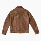 Brown leather jacket back view, classic fit with smooth texture and clean stitching details