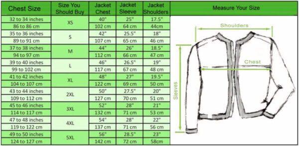 Men's jacket size chart with chest, sleeve, and shoulder measurements for accurate fit
