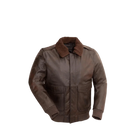 Brown leather bomber jacket with shearling collar and front pockets, ideal for men's winter wear