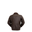 Brown leather bomber jacket with shearling collar, back view