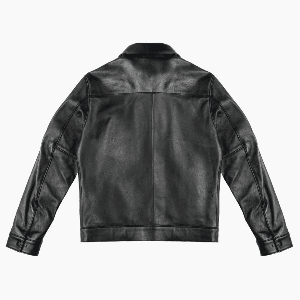 Black leather jacket back view, classic moto style with snap cuffs and seam detailing