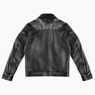 Black leather jacket back view, classic moto style with snap cuffs and seam detailing