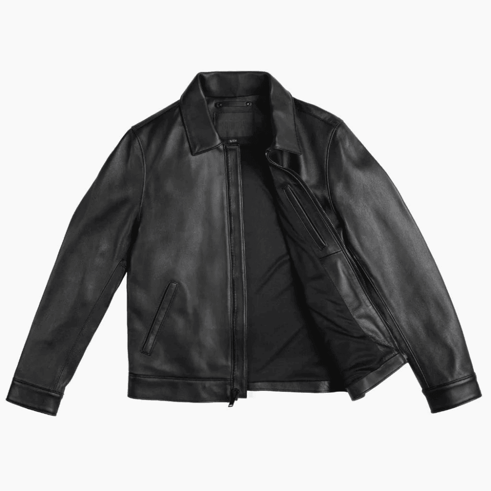 Black leather bomber jacket with zip front and side pockets, sleek men's outerwear style