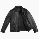 Black leather bomber jacket with zip front and side pockets, sleek men's outerwear style
