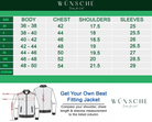 Wünsche jacket size chart with measurements for body, chest, shoulders, sleeves; includes fit guide for best fitting jacket