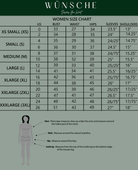 Women's size chart with measurements for bust, waist, hips, sleeves, shoulders, and fitting guide