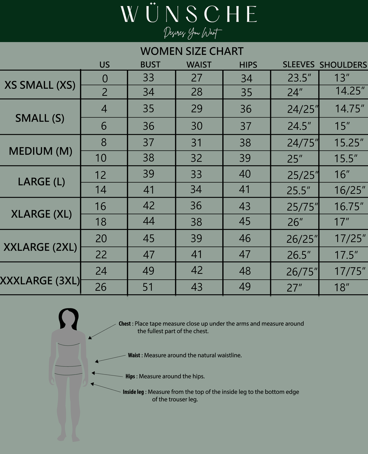 Women's size chart with measurements for bust, waist, hips, sleeves, shoulders, and fitting guide