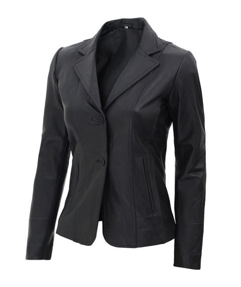 Jorde Calf Women’s Black Leather Blazer Jacket | Two Button Closure Leather Coat for Women
